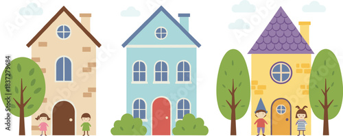 Cute neighborhood houses with children, trees and clouds illustrated in charming cartoon style for family and community themed designs