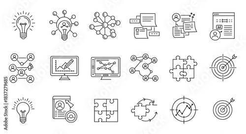 minimalist line art icons depicting business strategy innovation data analysis networking collaboration problem-solving concepts.