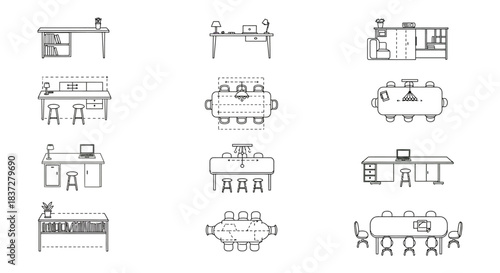 minimalist line art icons depicting office furniture desks meeting tables and workspace layouts for interior design and business planning projects.