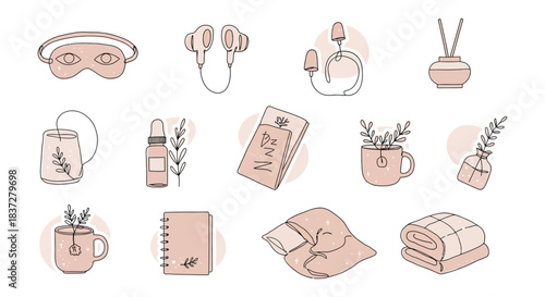 minimalist line art icons of self-care and sleep essentials in soft pastel tones for tranquil relaxation and cozy lifestyle designs.