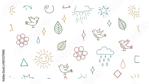 Floral and Fauna Fantasy: An enchanting doodle of floral and fauna elements, whimsical shapes and weather icons, creating a charming and playful illustration that celebrates the beauty of nature.