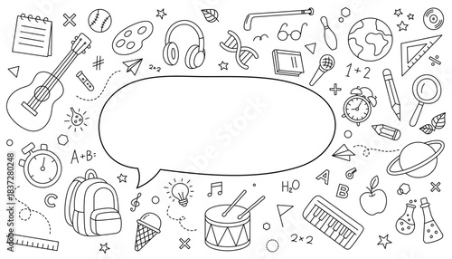 School Doodle Frame Background – Hand-Drawn Education Icons with Blank Space for Text, Featuring Science, Music, Art, Sports, Math, and Classroom Elements in Cute Line Art Style
