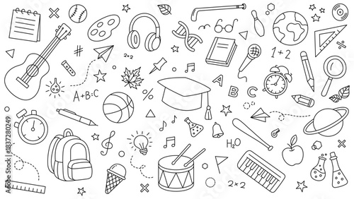 School and Education Doodle Pattern – Hand-Drawn Line Art Icons of Learning, Music, Sports, Science, Mathematics, Art Tools, and Classroom Elements in a Fun Outline Style