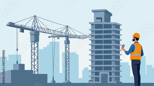 Civil Engineer Inspecting High-Rise Building Structure – Professional Vector Illustration