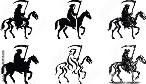 Grim Reaper Silhouettes Riding Horses, Death Four Horsemen, Horror Vector Design Collection