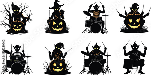 Halloween elf goblins and monsters playing drums on glowing pumpkin silhouettes.