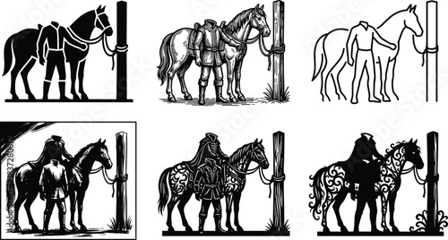 Headless horseman character standing beside horse tied to a post.