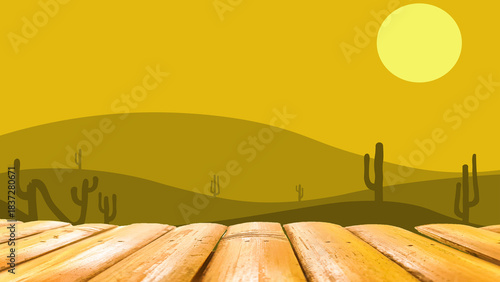 Full moon with wooden table for product display against desert mountain backdrop and cactus.