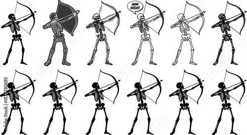 Large set of skeleton archers aiming bow and arrow icon collection.