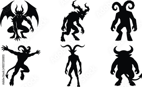 Mythical demon, devil, and satyr silhouettes with horns and wings monster set.