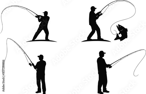 Vector Silhouette Set of Fishermen Casting Lines and Catching Fish, Illustrating Sport Fishing Activity and Hobby for Design.