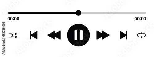 Audio or video player progress loading bar with time slider, play, rewind buttons. Simple template of media device playback panel interface. Minimalist web display. White light theme