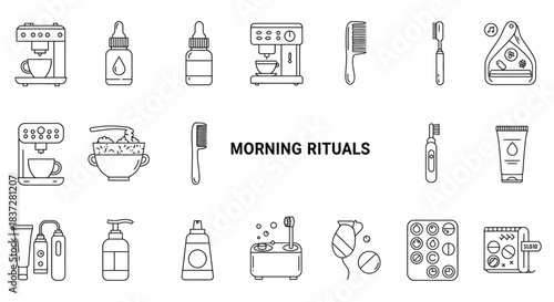 morning rituals flat line icon set illustrating daily self-care and personal wellness habits for a healthy and productive start to the day.