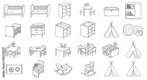 nursery furniture and kids accessories collection illustrating baby room and playroom essentials ideal for design or e-commerce projects.