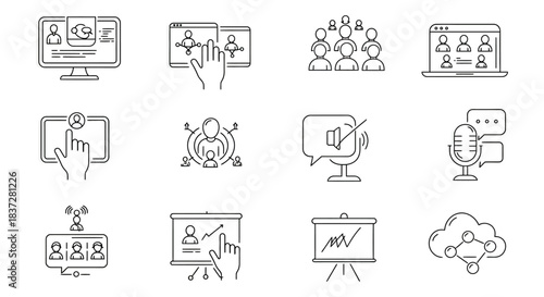 online communication virtual meeting and digital collaboration vector line icons representing remote work online education and interactive presentations for modern business solutions.