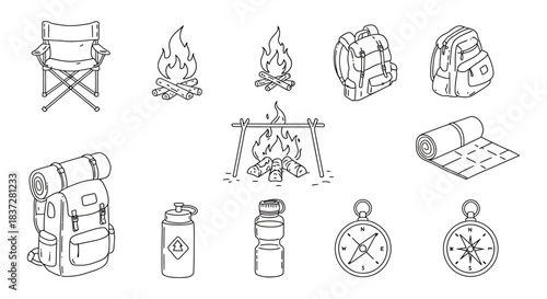 outdoor activity line art icons depicting essential gear for nature adventures backpacks campfires compasses.