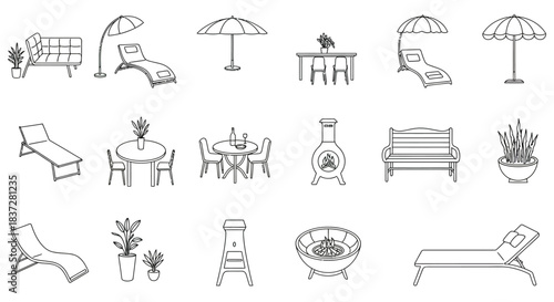 outline icons of outdoor furniture including patio dining sets sun loungers umbrellas benches and potted plants for backyard.