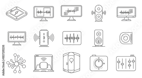 outline sound technology icons illustrate audio waveforms smart speakers music production and data processing for modern digital design.
