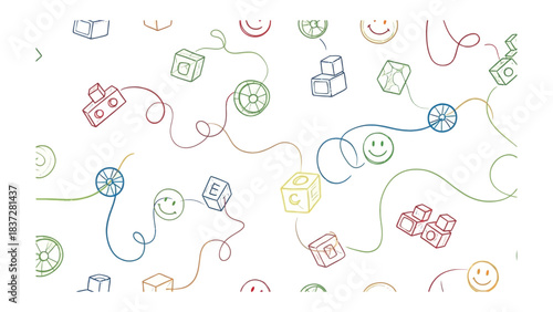 Playful Patterns of Childhood: An engaging, vibrant illustration showcases a whimsical array of toys, each interconnected by playful lines, bringing to life the imaginative world of a child. 