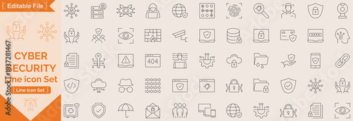 Cyber Security editable stroke outline icons set. Data protection, spam, secure, security, antivirus, password, privacy, padlock and hacker. Vector illustration.