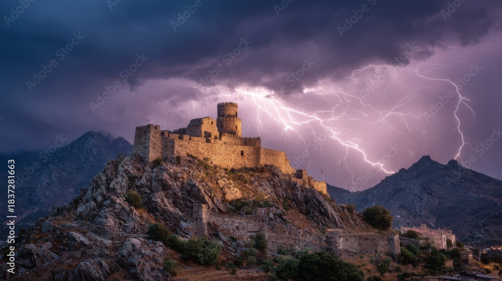 Obraz premium Dark clouds fill the sky above a castle on a rocky hill as lightning strikes in the distance. The scene captures the intensity of a storm in a mountainous location