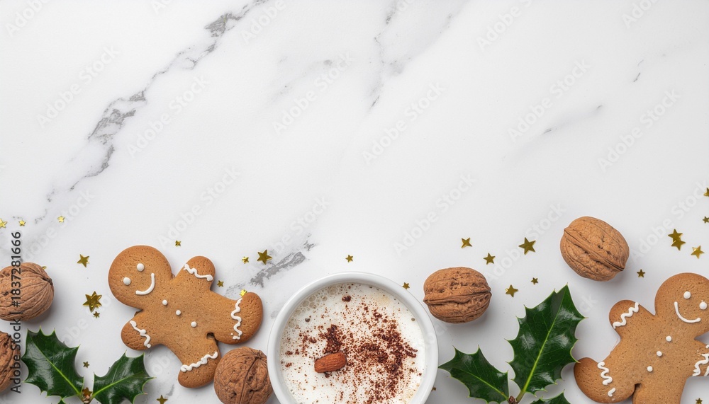 Fototapeta premium Festive flat-lay with gingerbread latte, cookies, holly leaves, walnuts, and gold confetti on a bright surface, creating a cheerful Christmas mood.