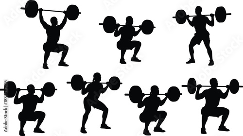 Vector Silhouette Set of People Exercising in a Gym, Performing Workouts, Strength Training, and Cardio for Fitness and Health Illustration.