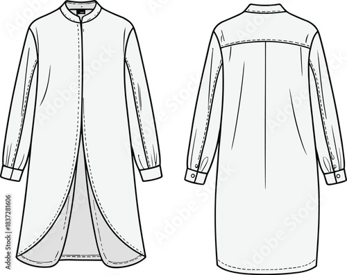 Long-sleeve tunic shirt fashion flat sketch featuring curved front opening, mandarin collar, back yoke detail, and clean technical illustration for apparel design.