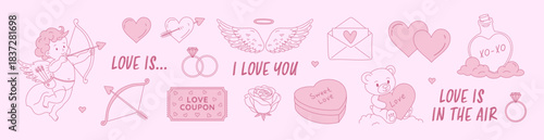 Cute happy Valentine's day vector set with hearts, Cupid, rings, gift,sweet symbols of love.Creative concept for a card, banner, web design, illustration in soft pink color.Hand-drawn doodle line art.