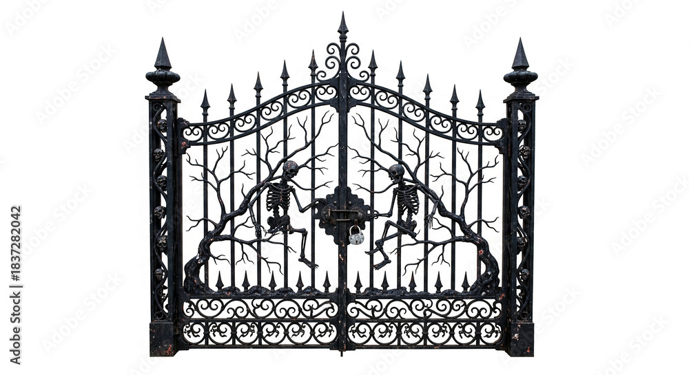 Fototapeta premium An ornate iron gate with skeletal figures entwined in arboreal designs, representing mortality and passage into the afterlife or graveyard concept