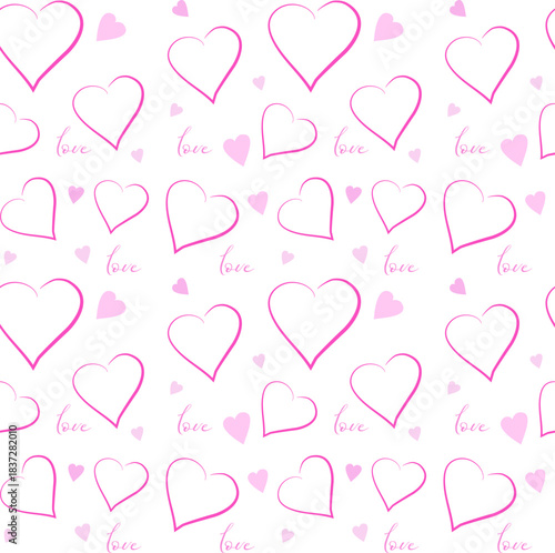 Cute romantic seamless pattern with pink outlines of hearts and the inscriptions love on a white background. Light, airy design creates an atmosphere of tenderness and romance. For holiday cards