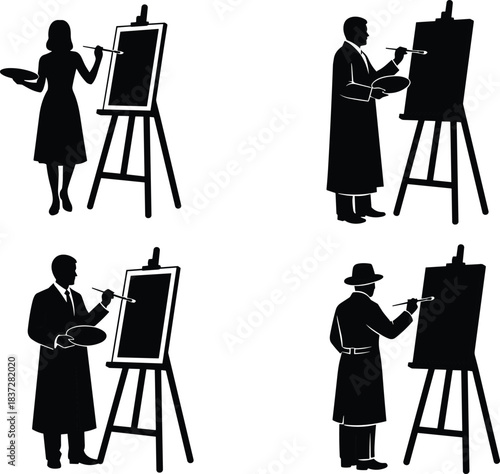Vector Silhouette Set of Professional Artists Painting on an Easel, Holding Brush and Palette for Fine Art Illustration and Design.