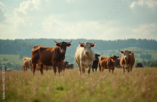 Cows grazing in a pasture field. Herd of cattle walking on grass land. Brown and white cows with horns running towards camera. Green hills and trees in the background under a cloudy sky. © Vadym