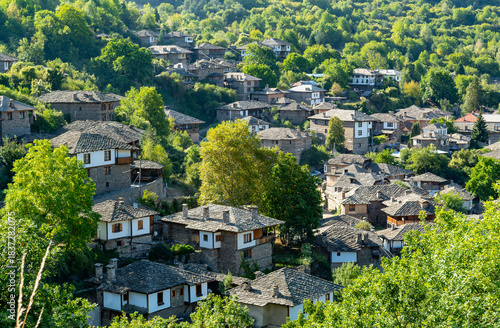 Panoramic view of the town of Kovachevitsa in the Rhodope Mountains in Bulgaria