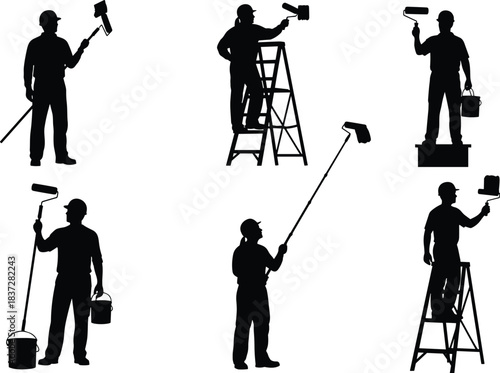 Vector Silhouette Set of Professional House Painters Working, Using Paint Rollers, Buckets, and Ladders for Renovation and Decoration.