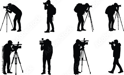 Vector Silhouette Set of Professional Photographers and Videographers Capturing Footage, Using Professional Cameras, Tripods, and Equipment Illustrations.