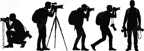 Vector Silhouette Set of Professional Photographers and Videographers Capturing Images, Equipped with Cameras, Tripods, and Backpacks.