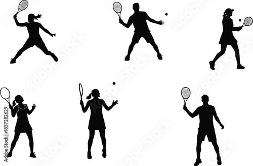 Vector Silhouette Set of Tennis Players in Action Poses, Serving and Hitting Forehand for Sports and Fitness Design.