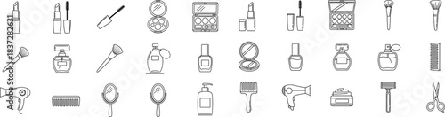 Hand drawn beauty and cosmetics products sketch illustration set