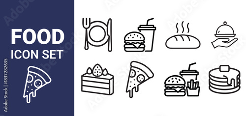 Minimalist black and white food icon set featuring pizza slice, burger meal, pancakes, bread loaf, cake, dining plate, drink cup, and serving cloche for menus and apps