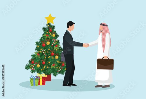 Business concept vector illustration of an Arabic businessman shake hand with western businessman
