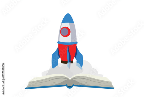 Concept of creativity and imagination. Halftone rocket launches from book. Modern collage. Idea for business startup. Theme of knowledge, education, university graduation