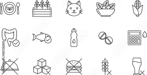 Minimalistic set of linear icons representing food, diet, healthy nutrition, organic produce, vegetarianism, allergies, and digestive wellness concepts.
