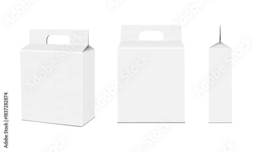 White blank cardboard gable box with die cut carry handle. Front and side view. Realistic 3d vector mock-up. Isolated paperboard square gift bag. Mockup. Carton container package. Template for design