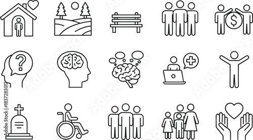 Minimalistic set of linear icons representing social issues, mental health, community, family, finance, disability, and memorial concepts for web design.