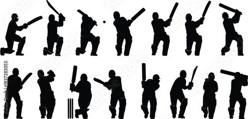Dynamic Collection of Cricket Batsman Silhouettes Showcasing Various Batting and Fielding Action Poses for Sports and Game Design.