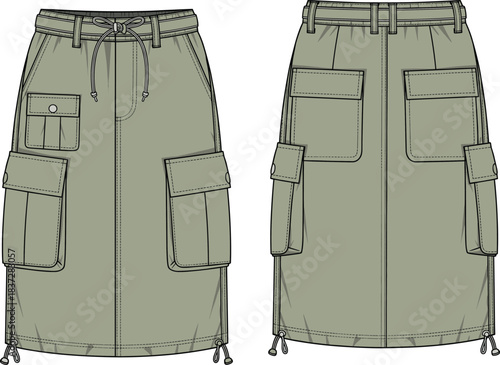 Cargo skirt fashion sketch, flap and patch pockets, drawstring hem, elastic waistband, technical flat, garment design, apparel illustration, vector template