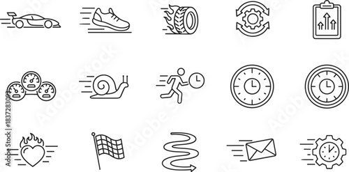 Ultimate Speed and Performance Icons Set Racing, Fast Delivery, Efficiency, Time Management, Boost, and Optimization Vector Pack