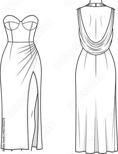 Evening gown fashion sketch, strapless bodice, high slit skirt, draped cowl back, technical flat, garment design, apparel illustration, vector template