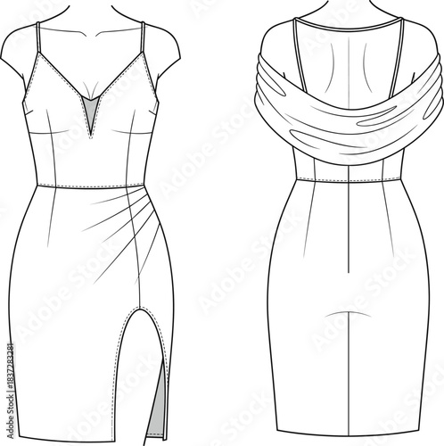 Evening dress fashion sketch, deep V-neckline, mesh insert, high slit skirt, draped cowl back, technical flat, garment design, vector illustration
